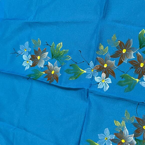 Vintage Blue Floral Polyester Scarf Hand-Painted, Made in Italy - Picture 7 of 9